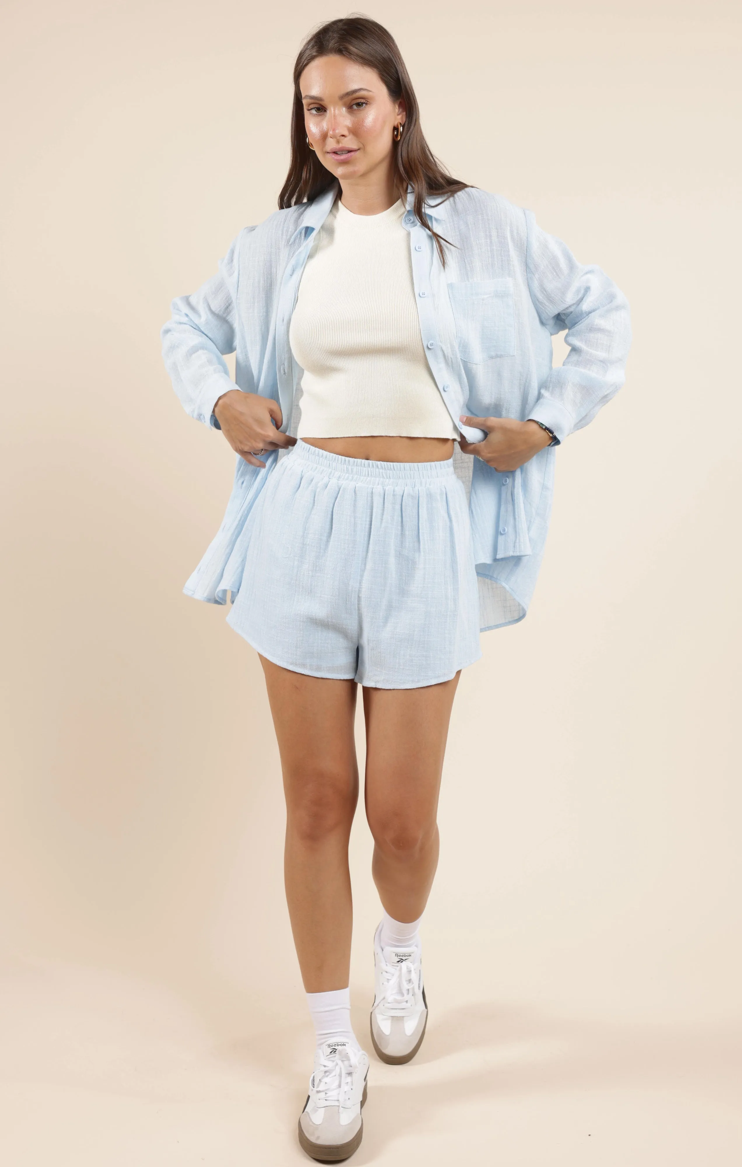 So Cal Elastic Waist Shorts, Powder Blue | Sadie & Sage