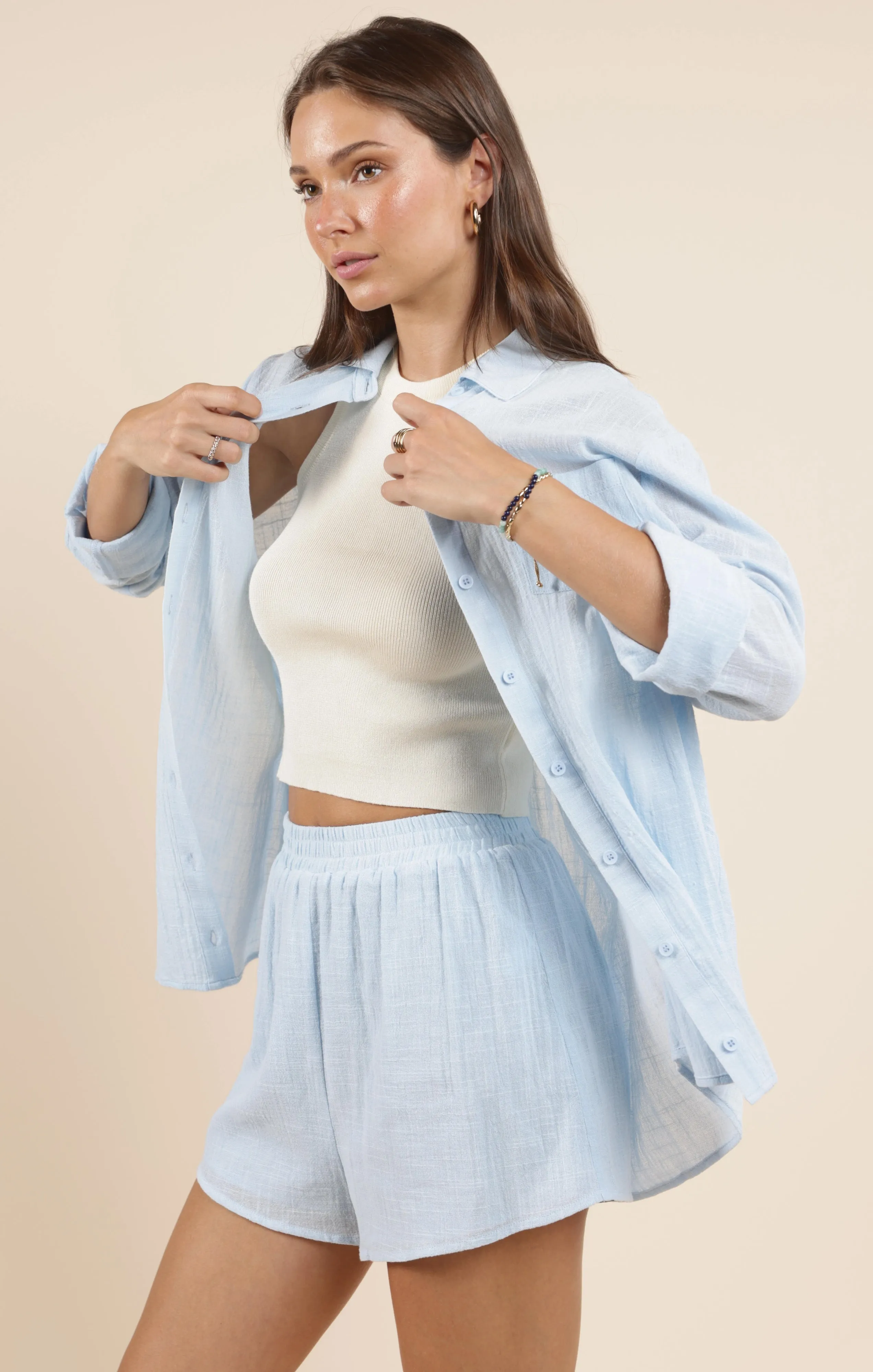 So Cal Elastic Waist Shorts, Powder Blue | Sadie & Sage