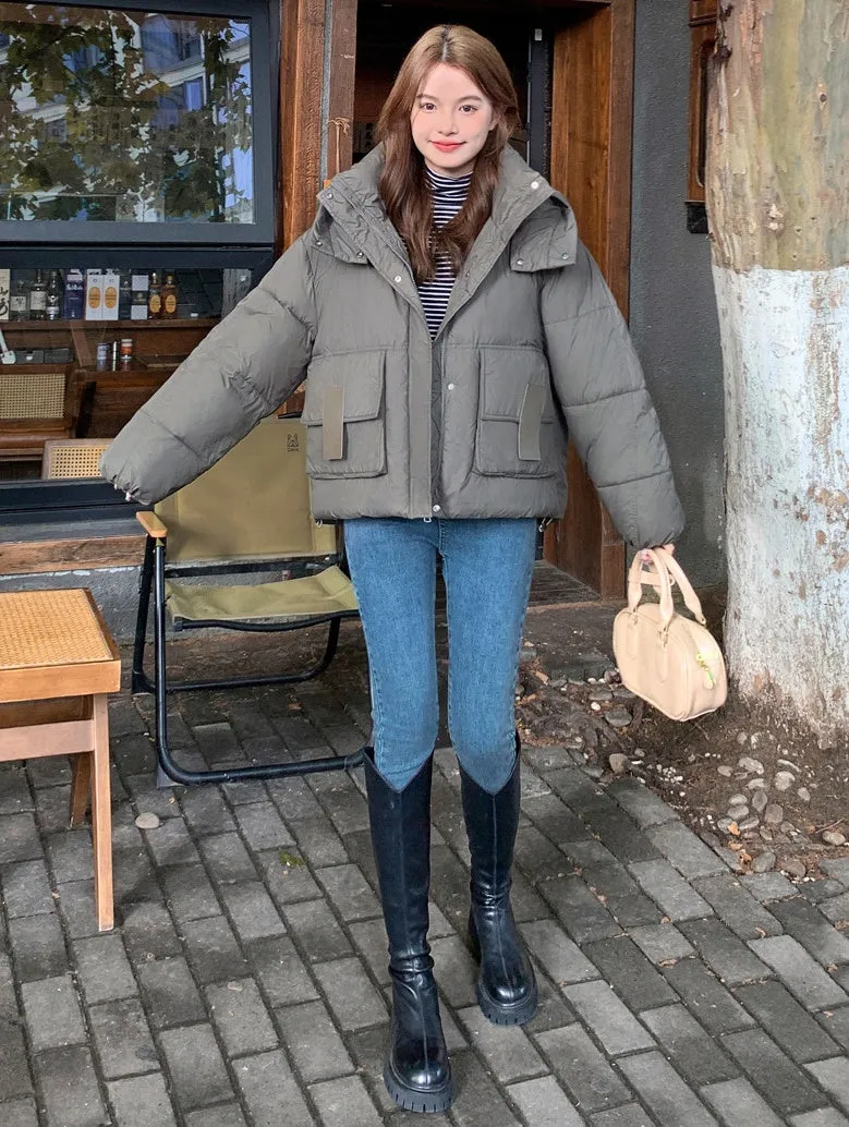 Solid Easy-to-clean Padded Puffer Jacket Featuring Bellows Pocket