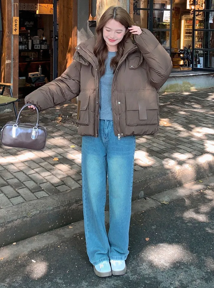 Solid Easy-to-clean Padded Puffer Jacket Featuring Bellows Pocket