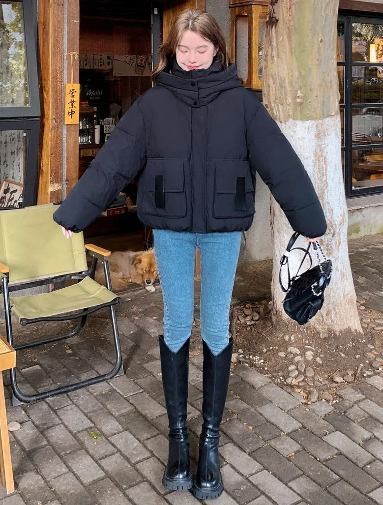 Solid Easy-to-clean Padded Puffer Jacket Featuring Bellows Pocket
