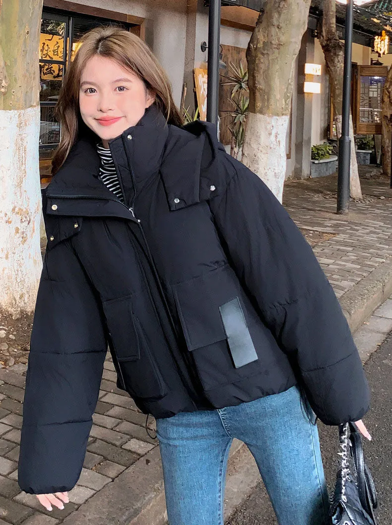 Solid Easy-to-clean Padded Puffer Jacket Featuring Bellows Pocket