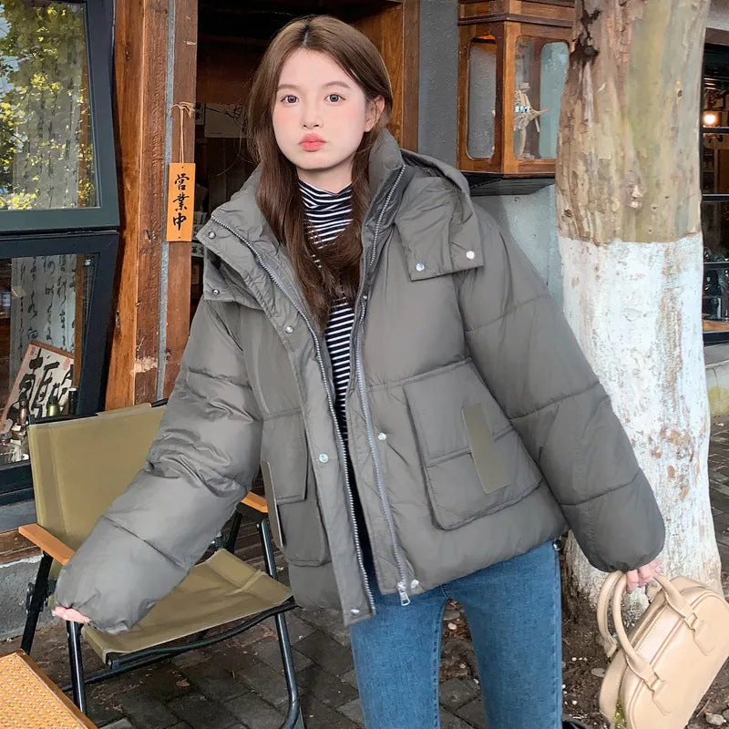 Solid Easy-to-clean Padded Puffer Jacket Featuring Bellows Pocket