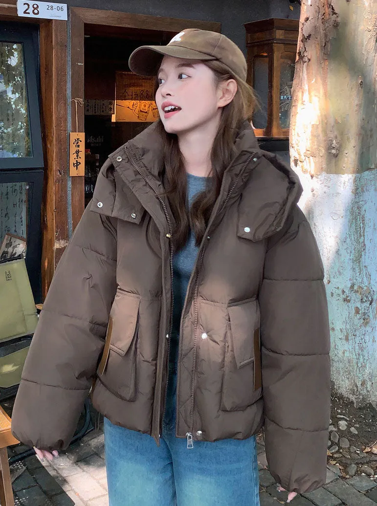 Solid Easy-to-clean Padded Puffer Jacket Featuring Bellows Pocket
