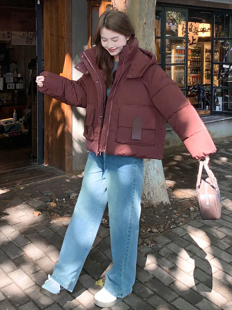 Solid Easy-to-clean Padded Puffer Jacket Featuring Bellows Pocket