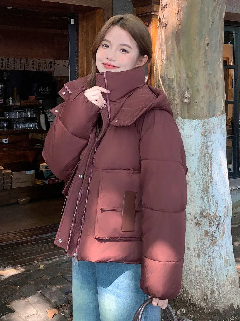 Solid Easy-to-clean Padded Puffer Jacket Featuring Bellows Pocket