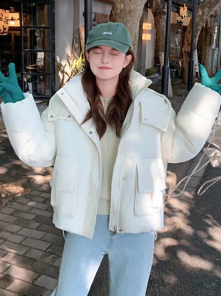 Solid Easy-to-clean Padded Puffer Jacket Featuring Bellows Pocket