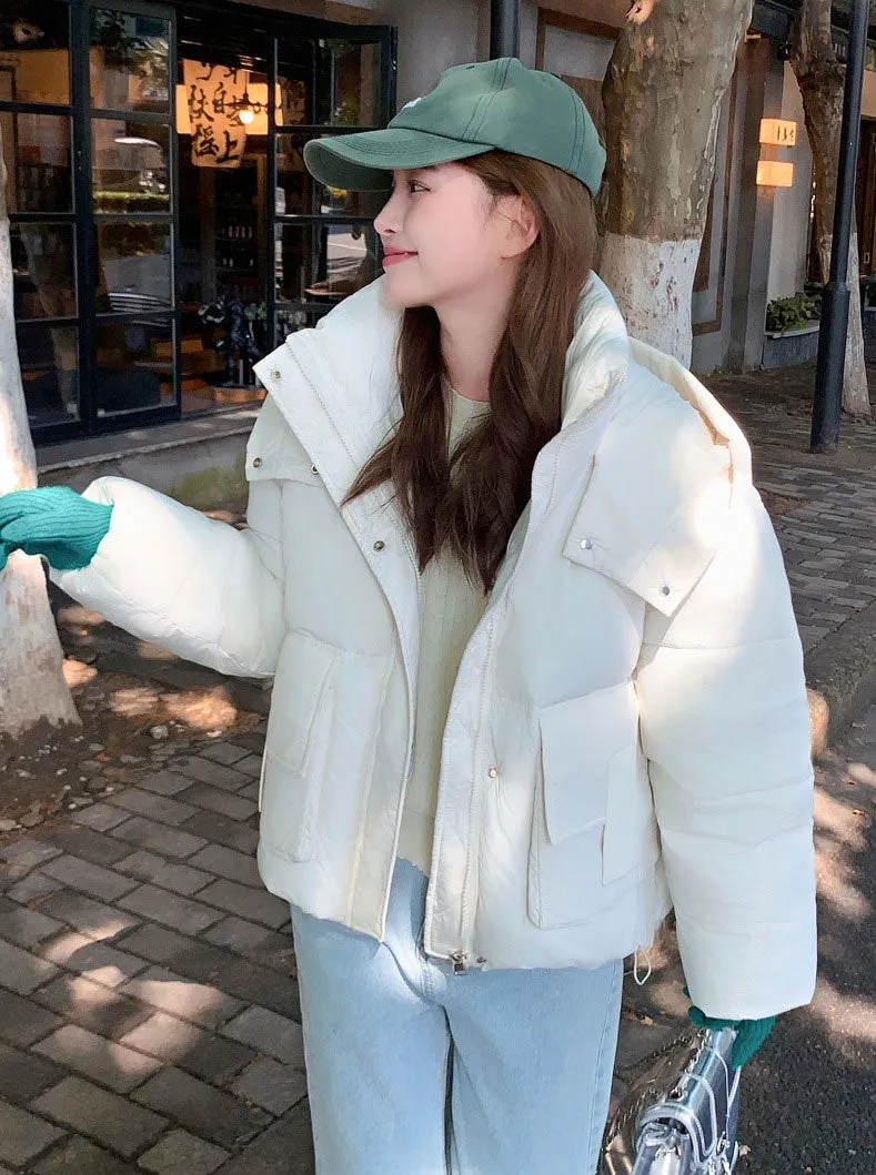Solid Easy-to-clean Padded Puffer Jacket Featuring Bellows Pocket