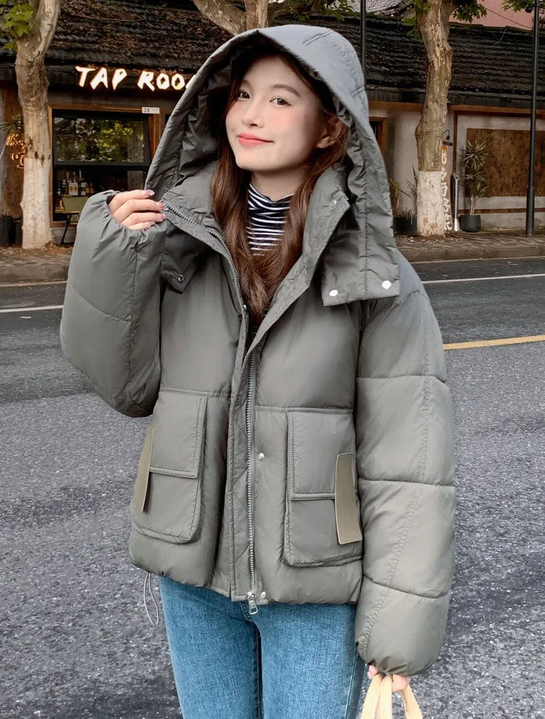Solid Easy-to-clean Padded Puffer Jacket Featuring Bellows Pocket