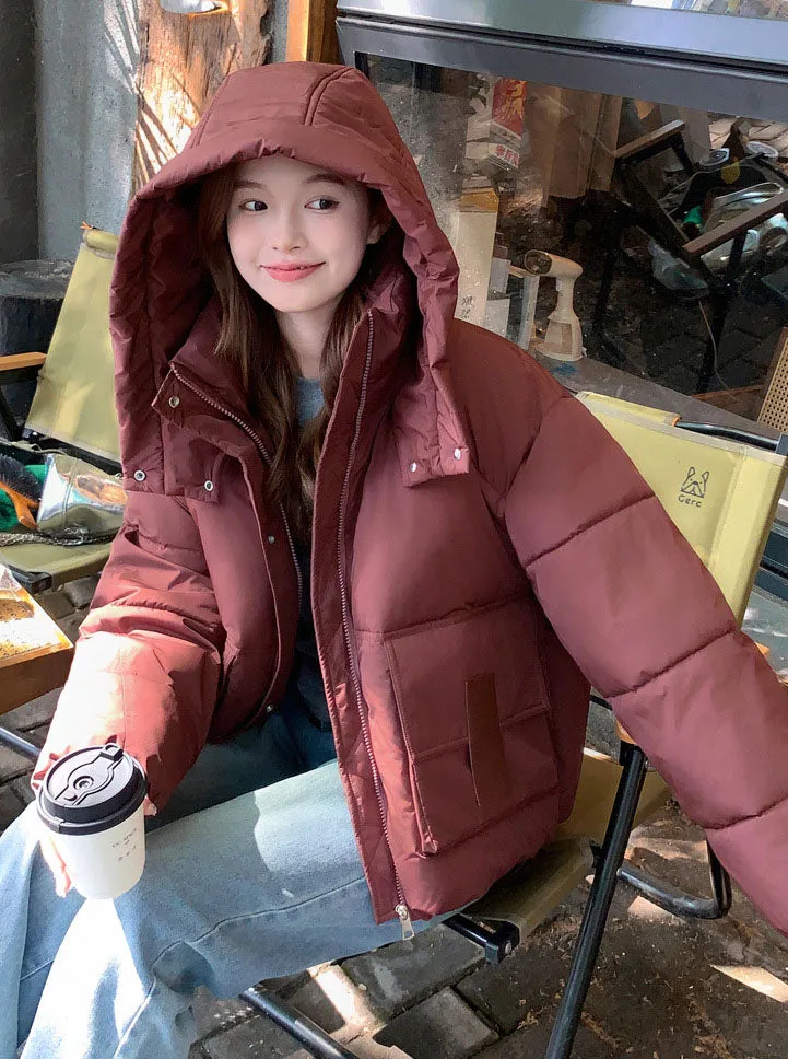 Solid Easy-to-clean Padded Puffer Jacket Featuring Bellows Pocket