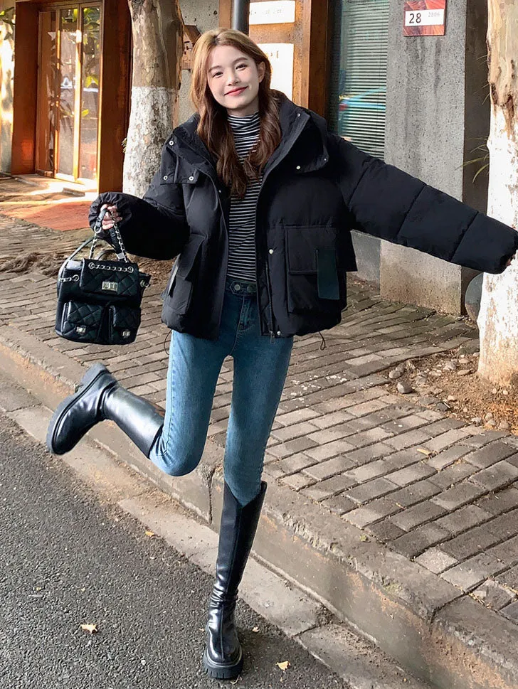 Solid Easy-to-clean Padded Puffer Jacket Featuring Bellows Pocket