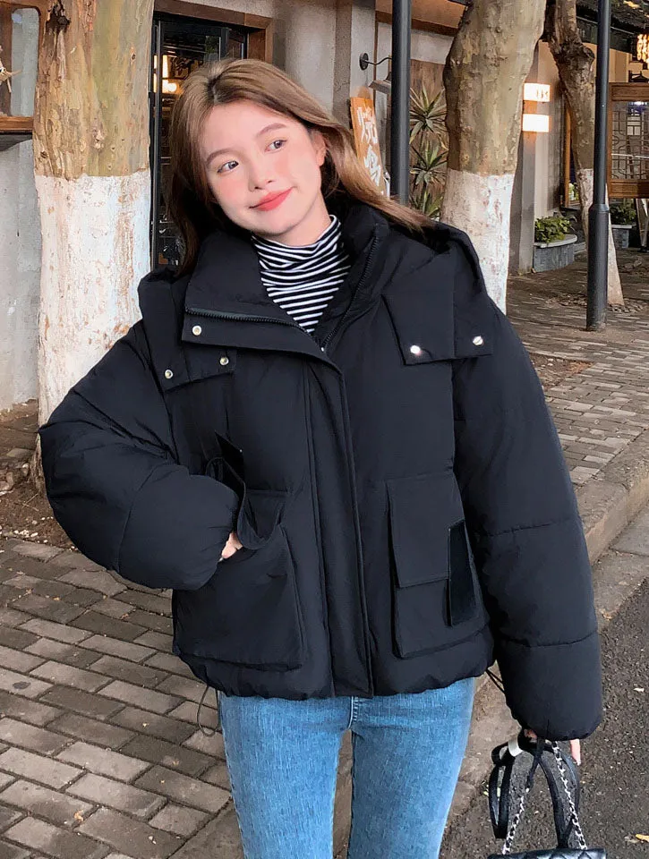 Solid Easy-to-clean Padded Puffer Jacket Featuring Bellows Pocket