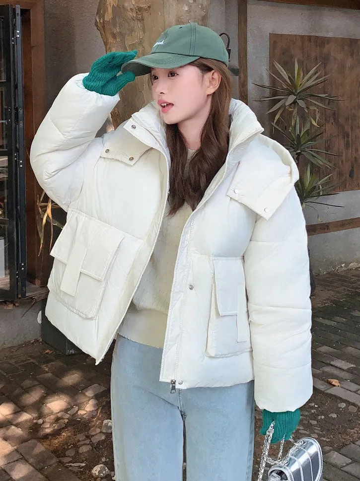 Solid Easy-to-clean Padded Puffer Jacket Featuring Bellows Pocket