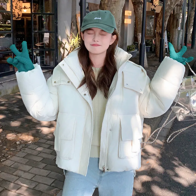 Solid Easy-to-clean Padded Puffer Jacket Featuring Bellows Pocket