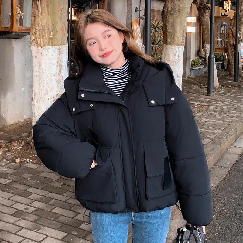 Solid Easy-to-clean Padded Puffer Jacket Featuring Bellows Pocket
