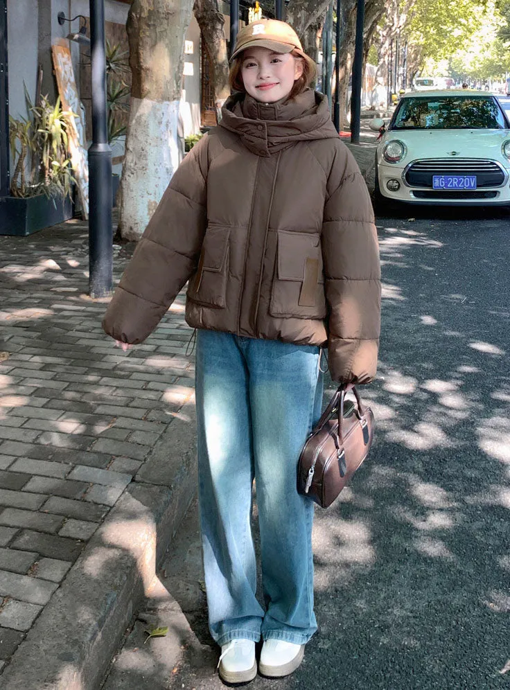 Solid Easy-to-clean Padded Puffer Jacket Featuring Bellows Pocket