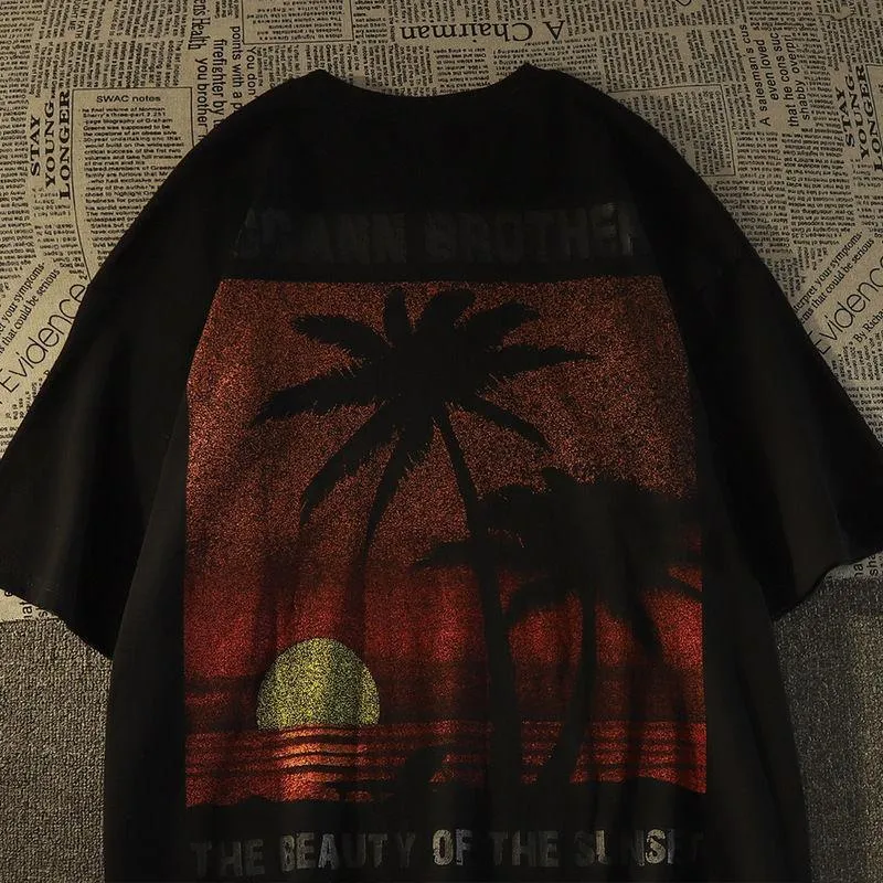 T-shirt en coton à manches courtes imprimé coucher de soleil