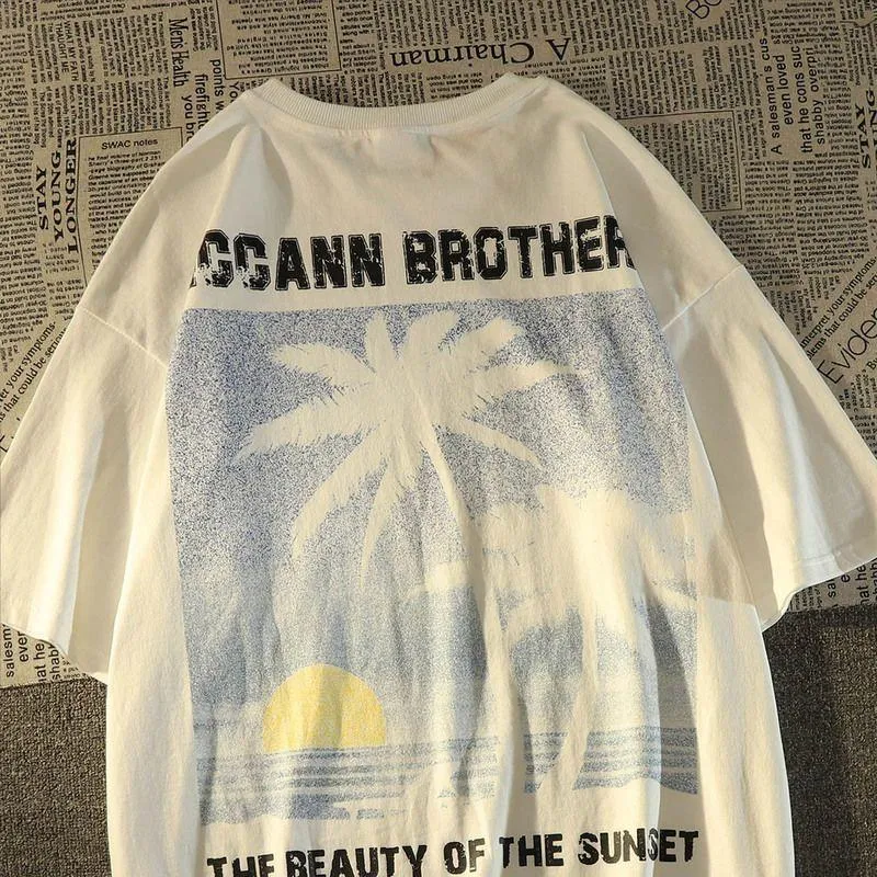 T-shirt en coton à manches courtes imprimé coucher de soleil