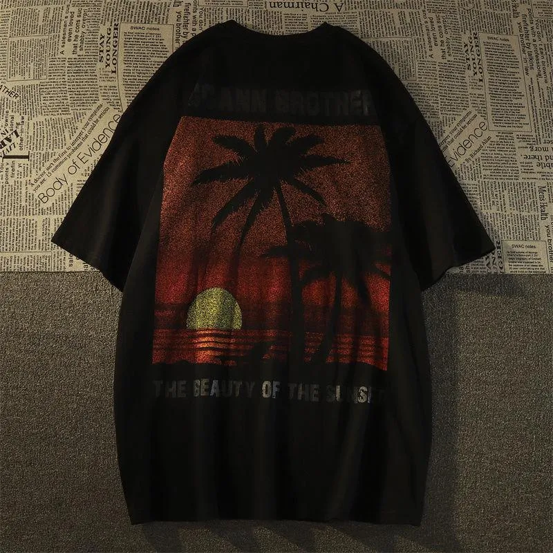 T-shirt en coton à manches courtes imprimé coucher de soleil