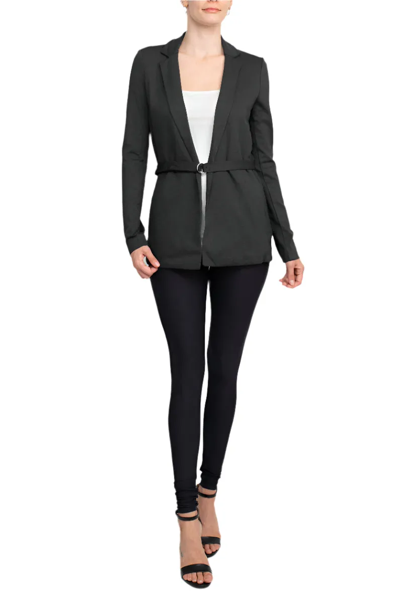 T Tahari Notched Collar Open Front Long Sleeve Ring Style Waist Belt Jacket