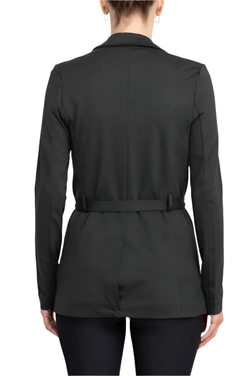 T Tahari Notched Collar Open Front Long Sleeve Ring Style Waist Belt Jacket