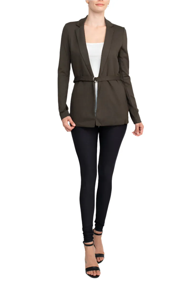 T Tahari Notched Collar Open Front Long Sleeve Ring Style Waist Belt Jacket