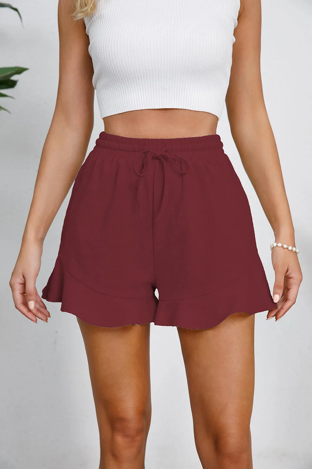 Tanner Full Size Drawstring Ruffle Hem Shorts