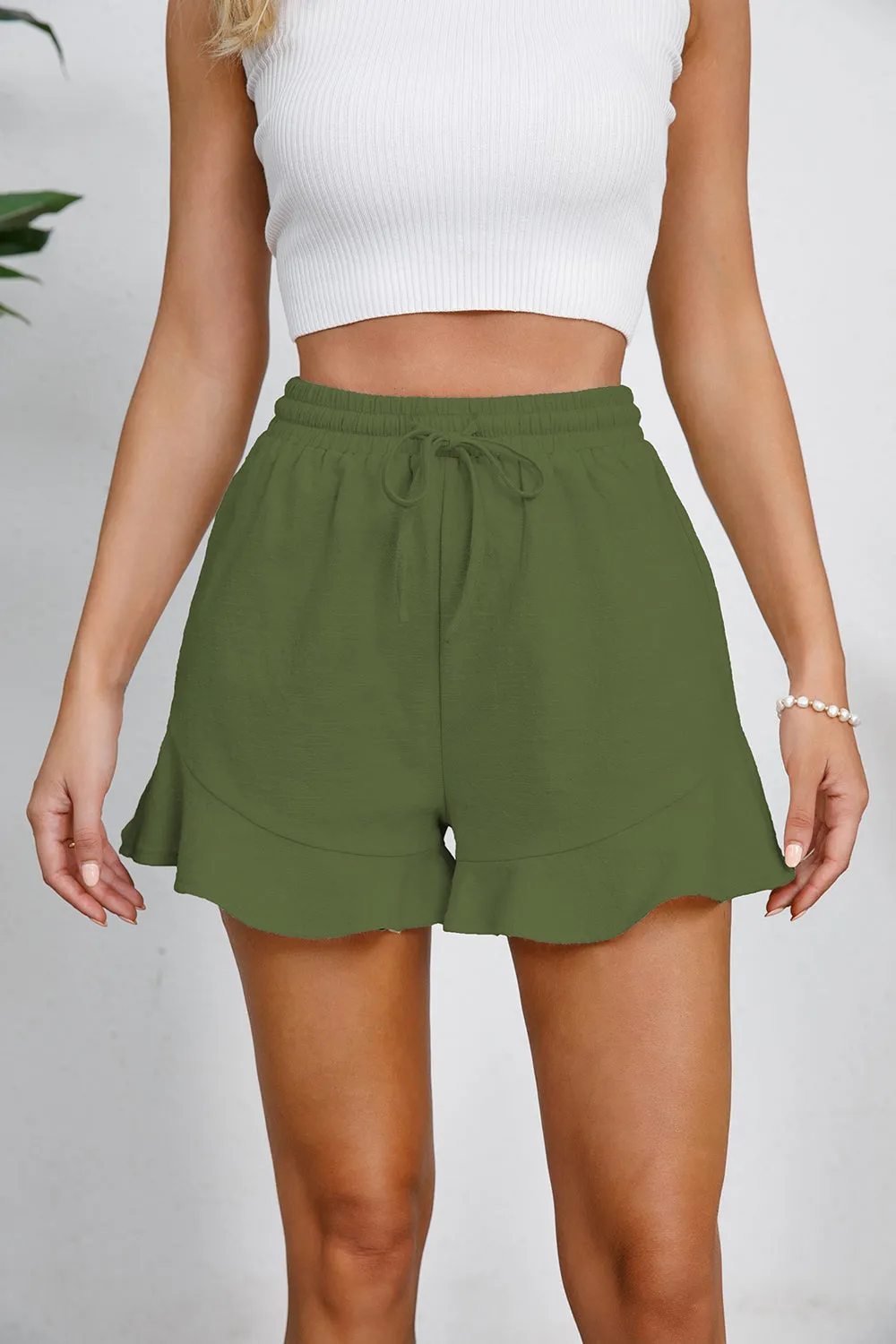 Tanner Full Size Drawstring Ruffle Hem Shorts