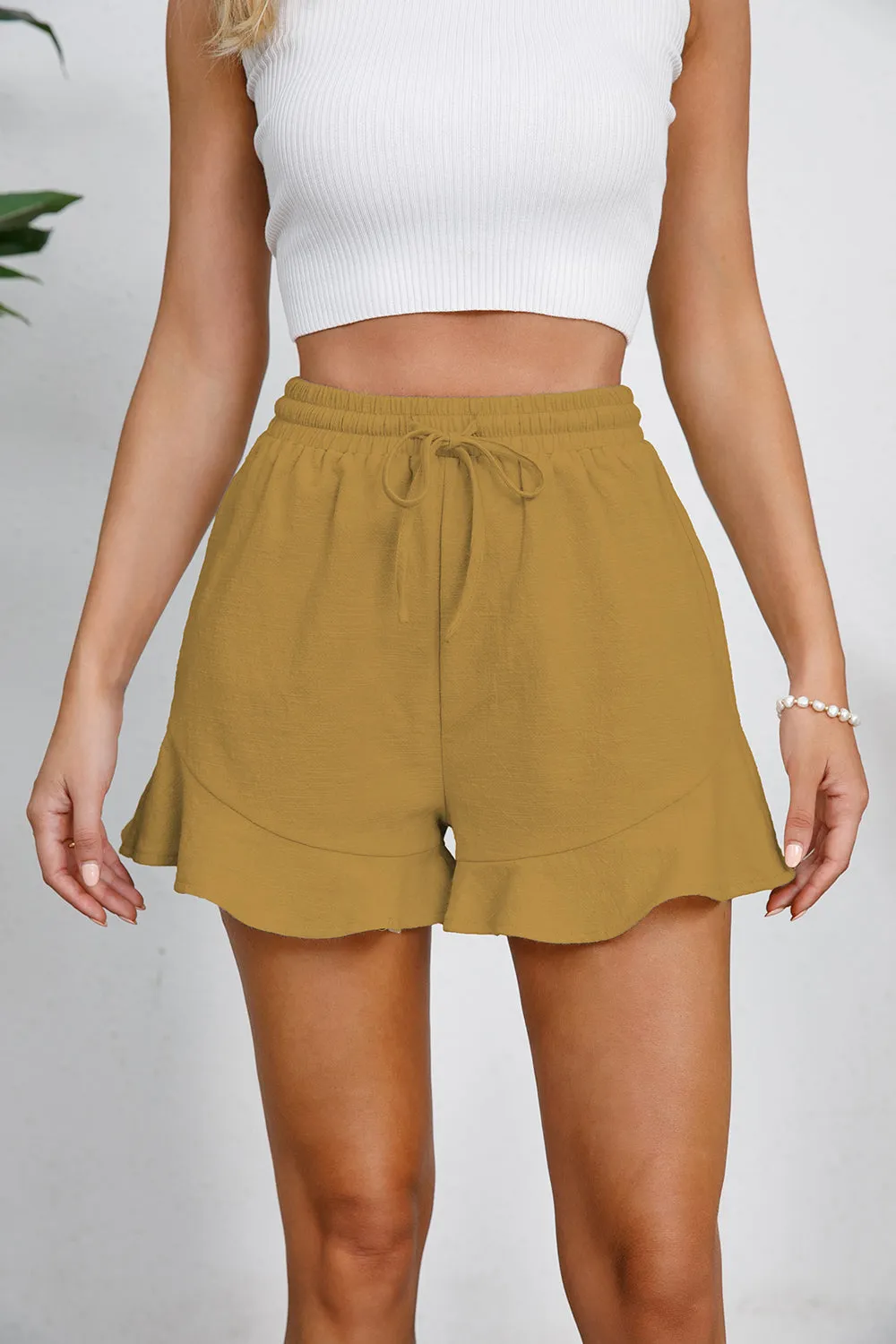 Tanner Full Size Drawstring Ruffle Hem Shorts