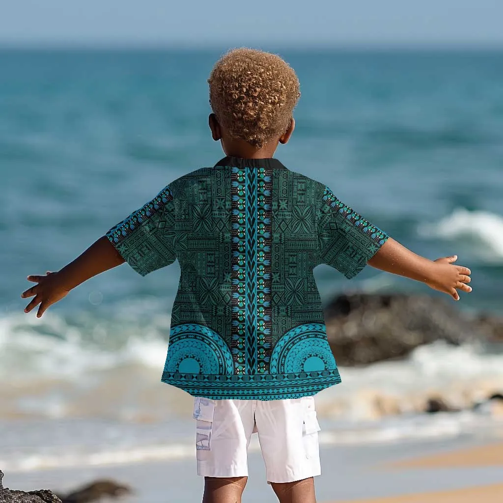 Teal Dashiki and Tapa Pattern Kid Hawaiian Shirt Africa-Polynesia Together Culture LT9