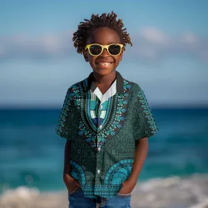 Teal Dashiki and Tapa Pattern Kid Hawaiian Shirt Africa-Polynesia Together Culture LT9