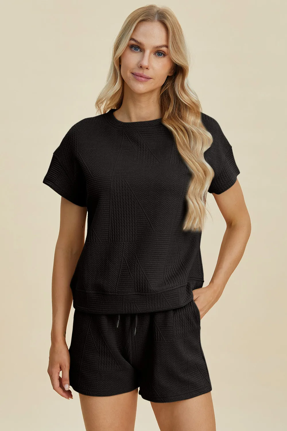 Texture Short Sleeve Top and Shorts Set