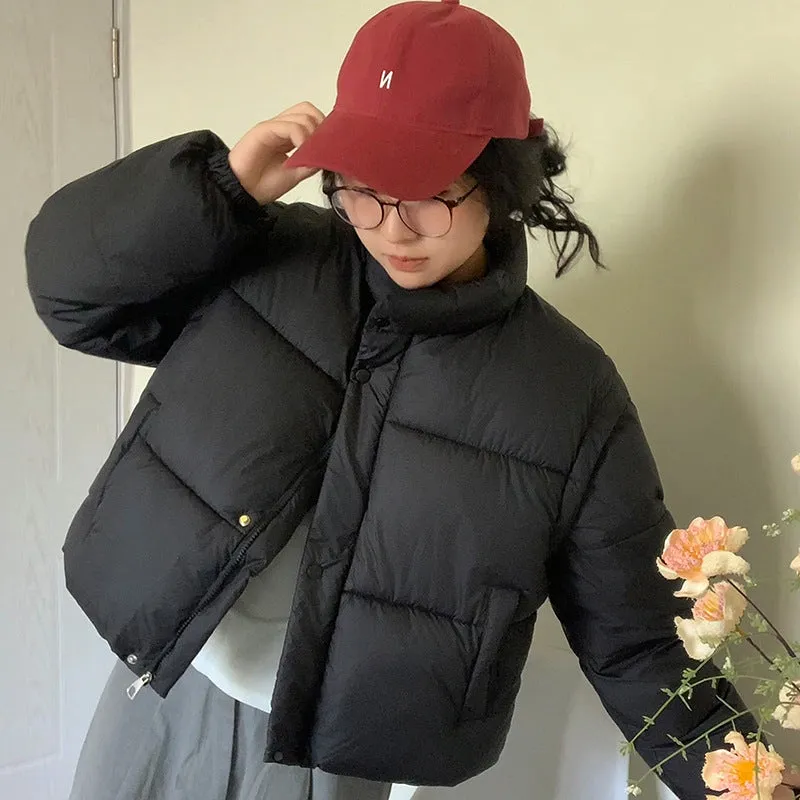Thickened quilted puffer jacket with detachable sleeves for women