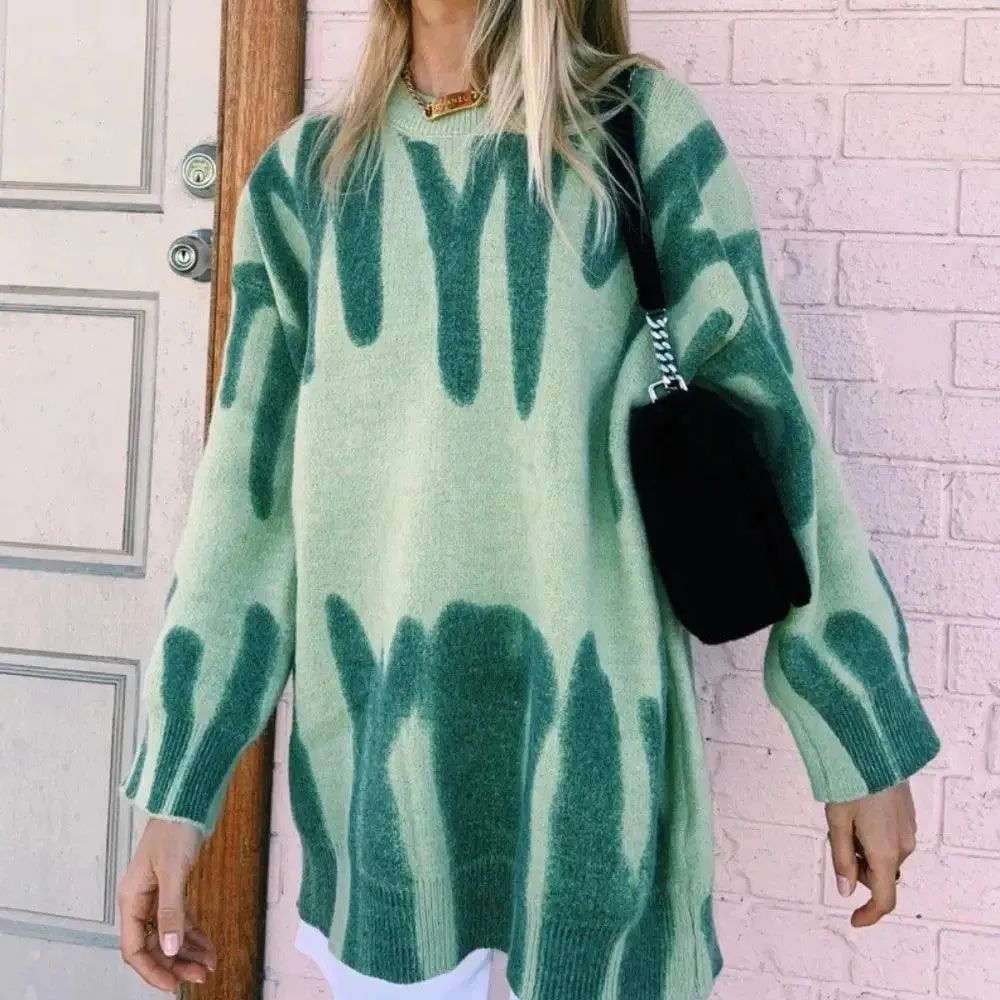 Top Quality Women Knitted Sweater Vintage Green Striped Print Sweater Oversized Pullovers Winter Streetwear Long Sweaters Tie Dye Outerwear