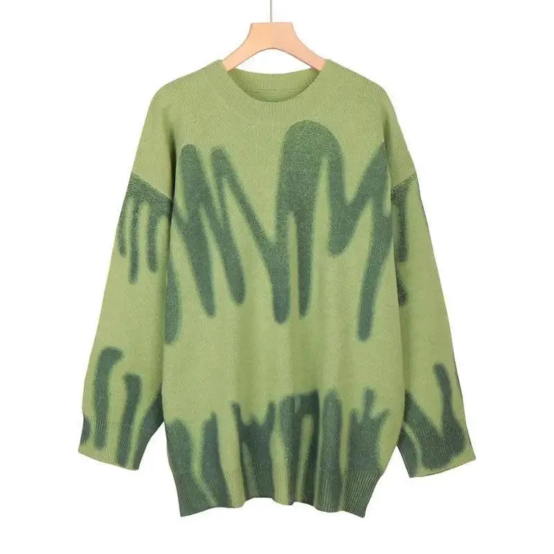 Top Quality Women Knitted Sweater Vintage Green Striped Print Sweater Oversized Pullovers Winter Streetwear Long Sweaters Tie Dye Outerwear