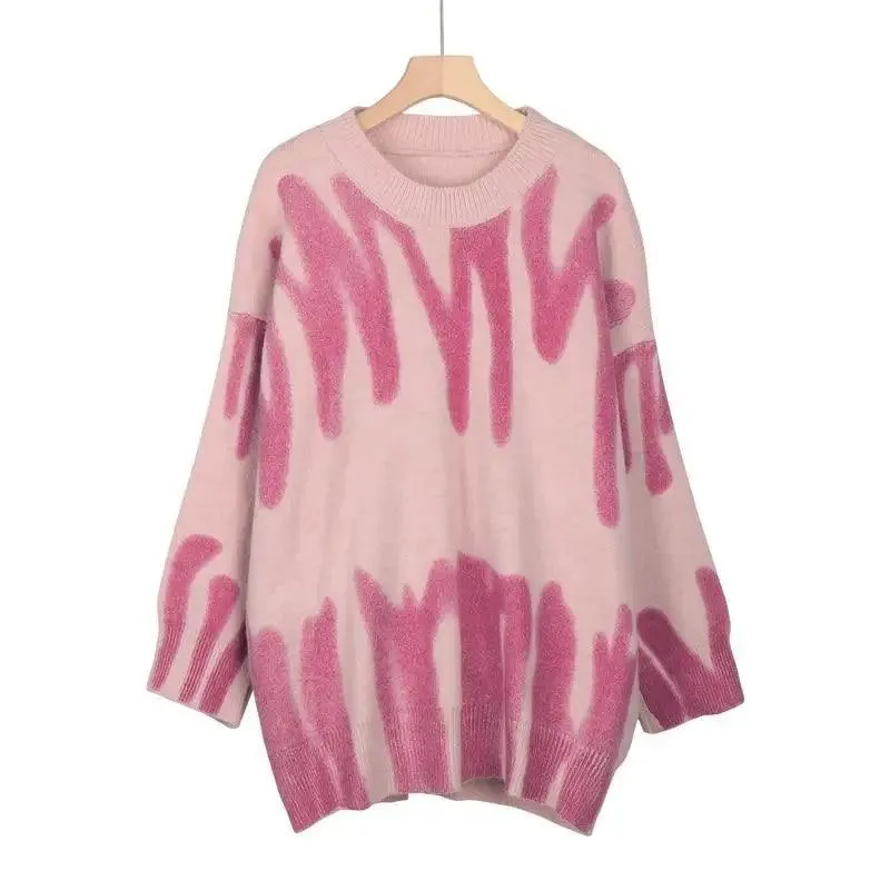 Top Quality Women Knitted Sweater Vintage Green Striped Print Sweater Oversized Pullovers Winter Streetwear Long Sweaters Tie Dye Outerwear