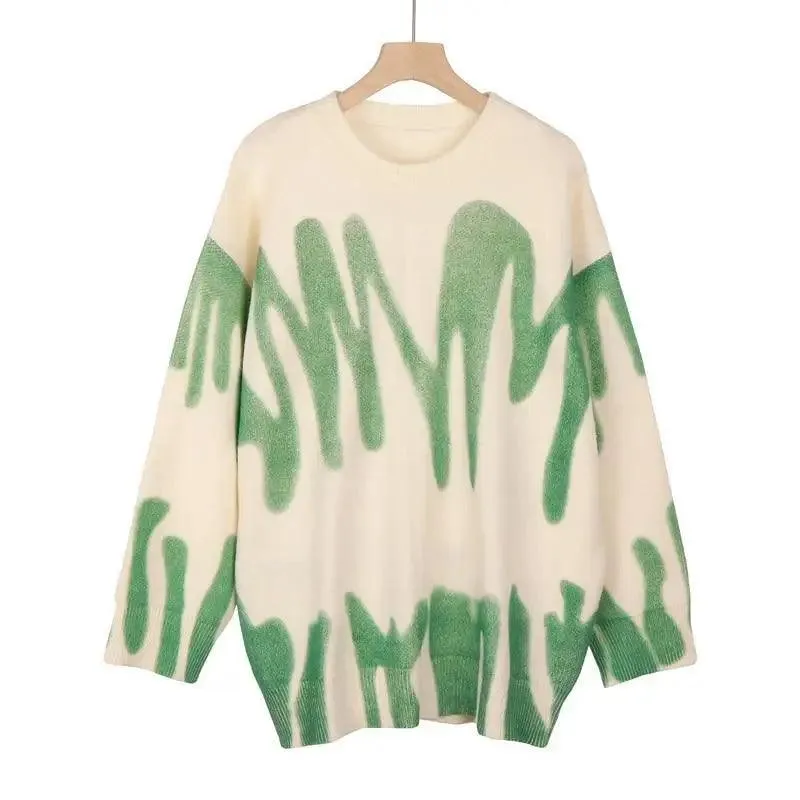 Top Quality Women Knitted Sweater Vintage Green Striped Print Sweater Oversized Pullovers Winter Streetwear Long Sweaters Tie Dye Outerwear