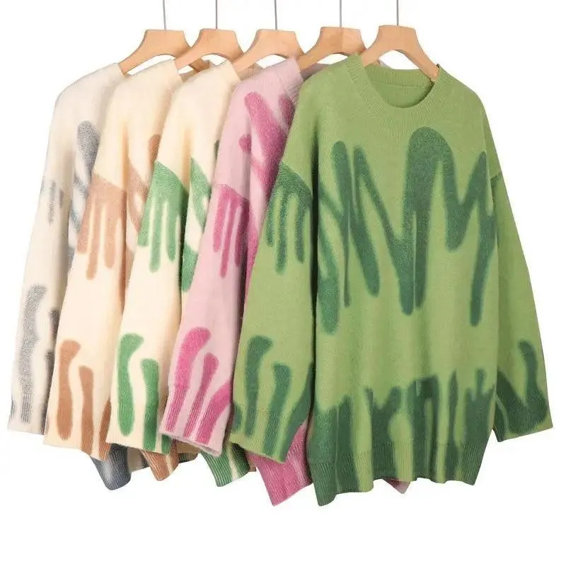 Top Quality Women Knitted Sweater Vintage Green Striped Print Sweater Oversized Pullovers Winter Streetwear Long Sweaters Tie Dye Outerwear