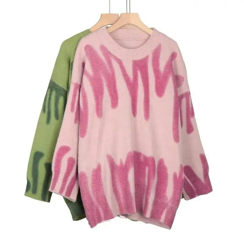 Top Quality Women Knitted Sweater Vintage Green Striped Print Sweater Oversized Pullovers Winter Streetwear Long Sweaters Tie Dye Outerwear