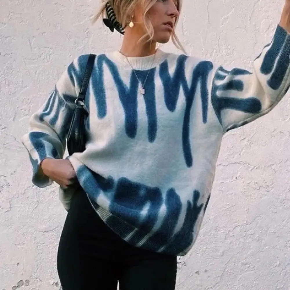 Top Quality Women Knitted Sweater Vintage Green Striped Print Sweater Oversized Pullovers Winter Streetwear Long Sweaters Tie Dye Outerwear