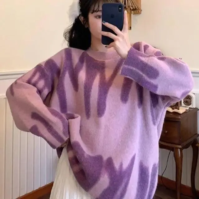 Top Quality Women Knitted Sweater Vintage Green Striped Print Sweater Oversized Pullovers Winter Streetwear Long Sweaters Tie Dye Outerwear