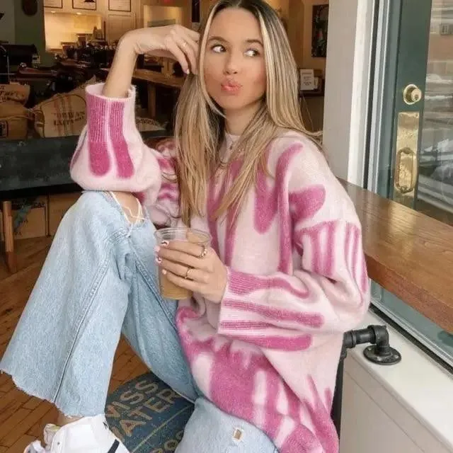Top Quality Women Knitted Sweater Vintage Green Striped Print Sweater Oversized Pullovers Winter Streetwear Long Sweaters Tie Dye Outerwear