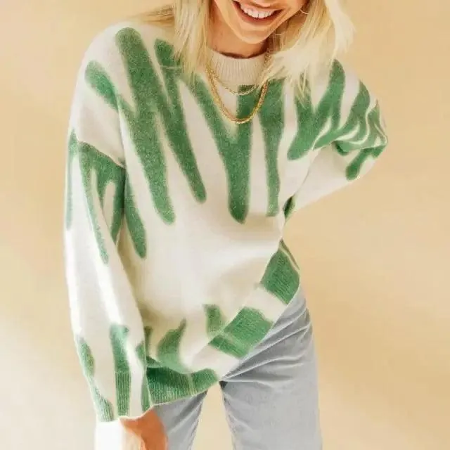 Top Quality Women Knitted Sweater Vintage Green Striped Print Sweater Oversized Pullovers Winter Streetwear Long Sweaters Tie Dye Outerwear