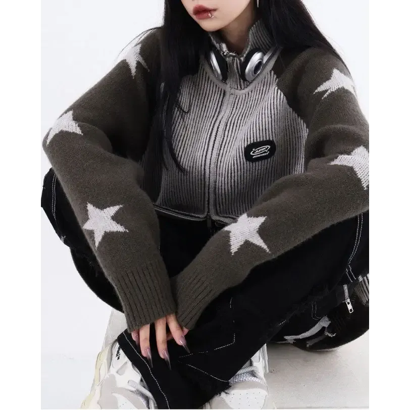 Trendy Y2K Full Zip Jacket with Ribbed Knit and Star Sleeves