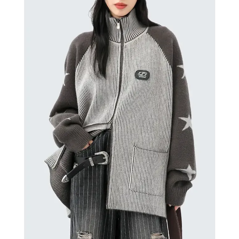 Trendy Y2K Full Zip Jacket with Ribbed Knit and Star Sleeves