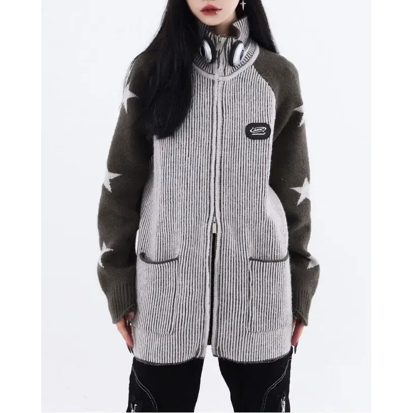 Trendy Y2K Full Zip Jacket with Ribbed Knit and Star Sleeves