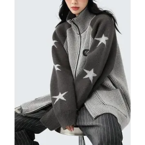 Trendy Y2K Full Zip Jacket with Ribbed Knit and Star Sleeves