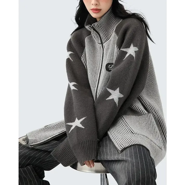 Trendy Y2K Full Zip Jacket with Ribbed Knit and Star Sleeves