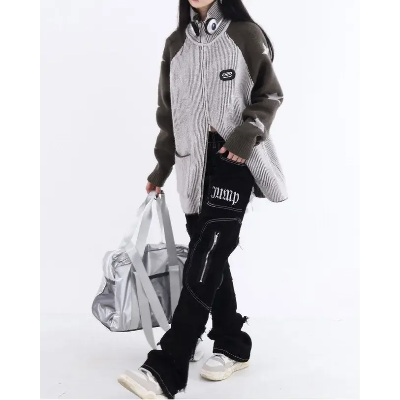 Trendy Y2K Full Zip Jacket with Ribbed Knit and Star Sleeves