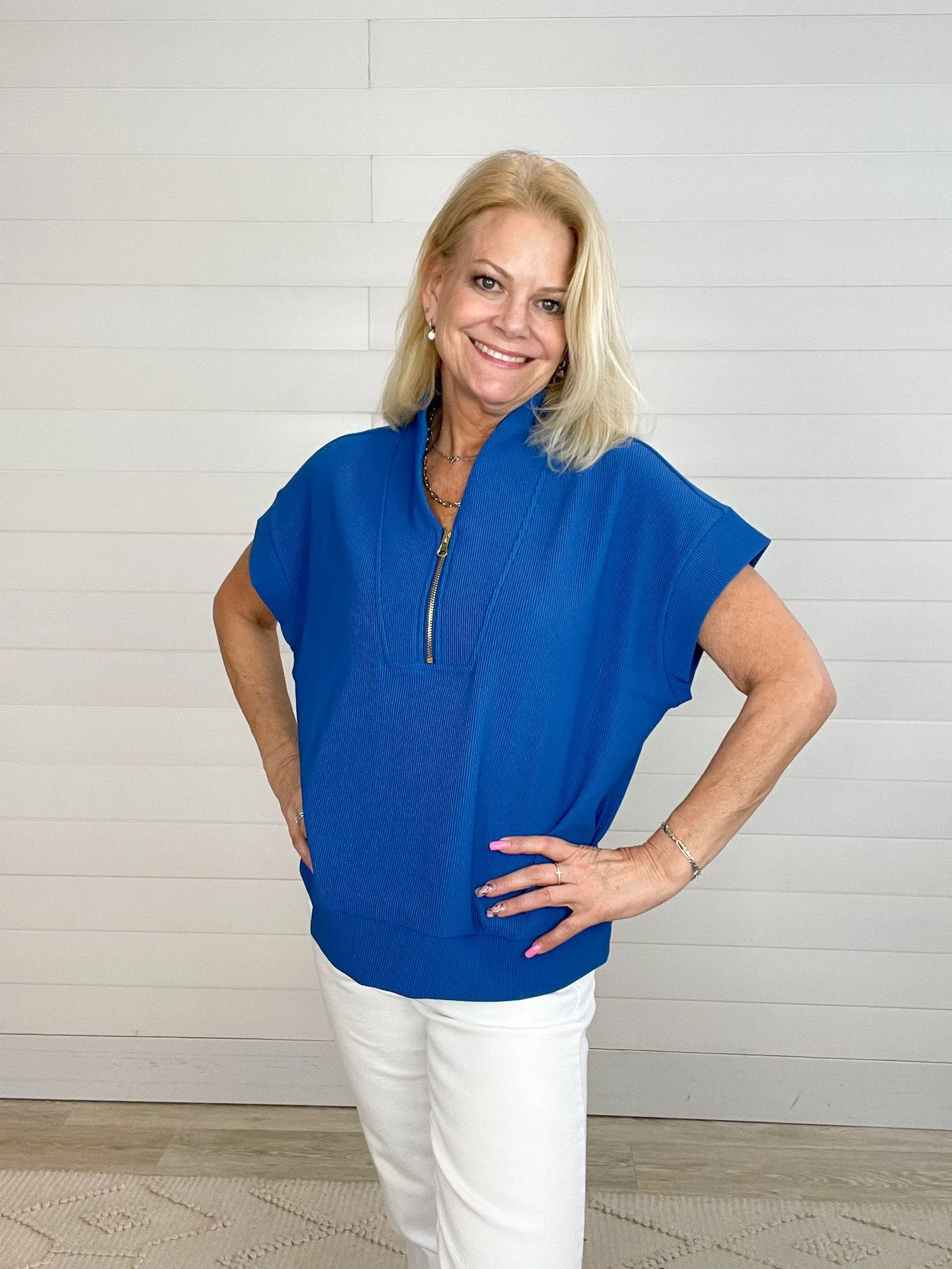 Tulip Collar Cap Sleeve Ribbed Quarter Zip